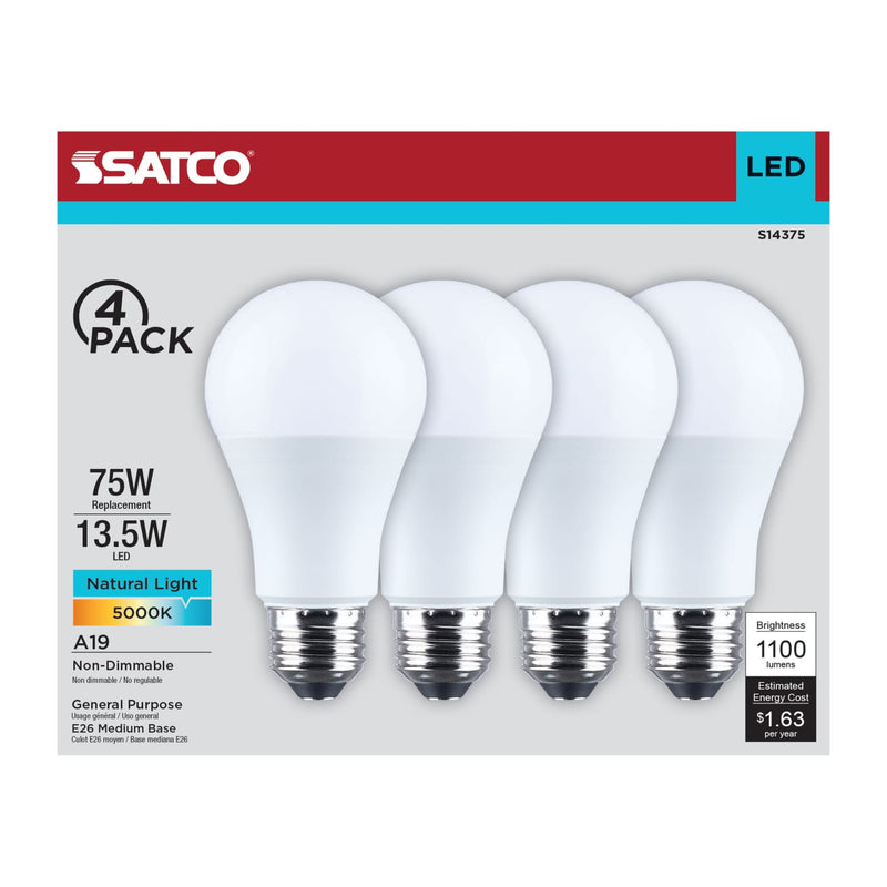 Satco LED light bulbs packaging with four bulbs on a white background