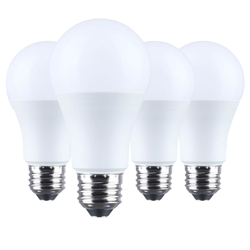 Four white light bulbs with silver bases on a white background
