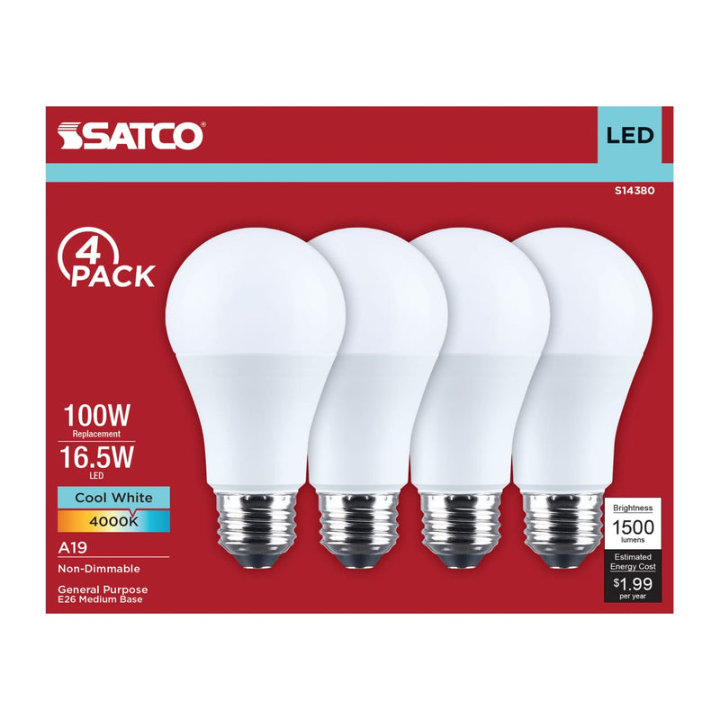 Satco LED light bulbs packaging with four bulbs on a red background