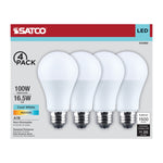 Satco LED light bulbs packaging with four bulbs on a white background