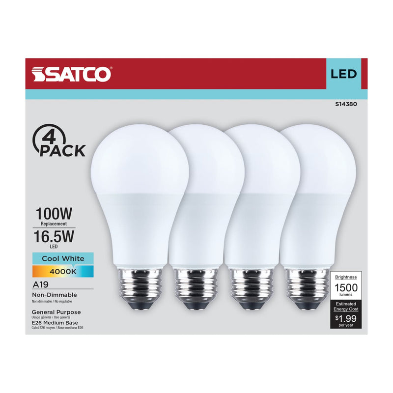 Satco LED light bulbs packaging with four bulbs on a white background