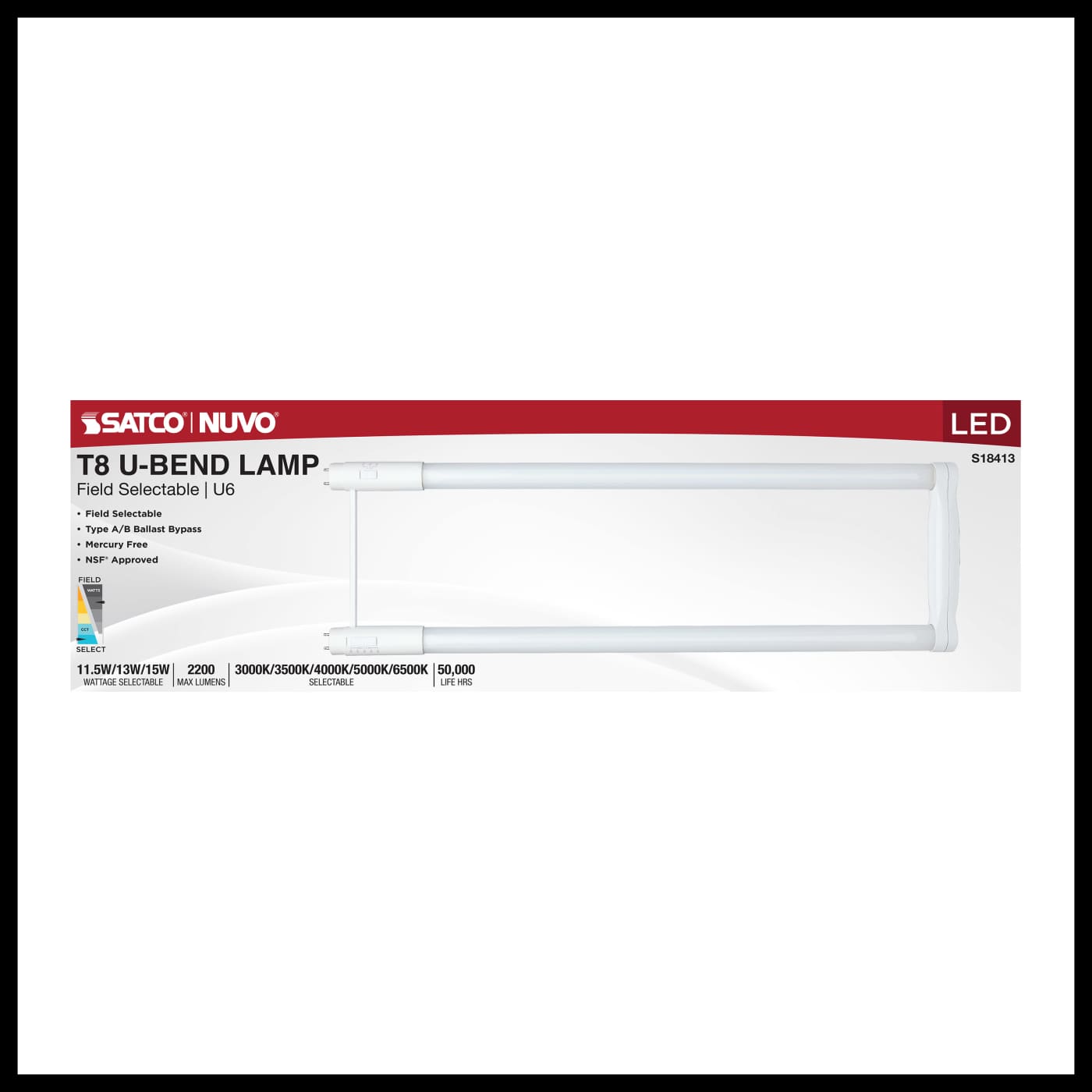 Satco Nuvo T8 U-Bend LED field selectable light fixture in its original retail packaging, featuring a white rectangular fixture with a red and white header card.