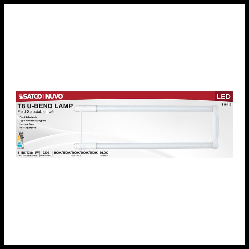 Satco Nuvo T8 U-Bend LED field selectable light fixture in its original retail packaging, featuring a white rectangular fixture with a red and white header card.