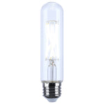 A clear glass T8 LED filament light bulb with a black screw base, shown vertically against a solid white background.