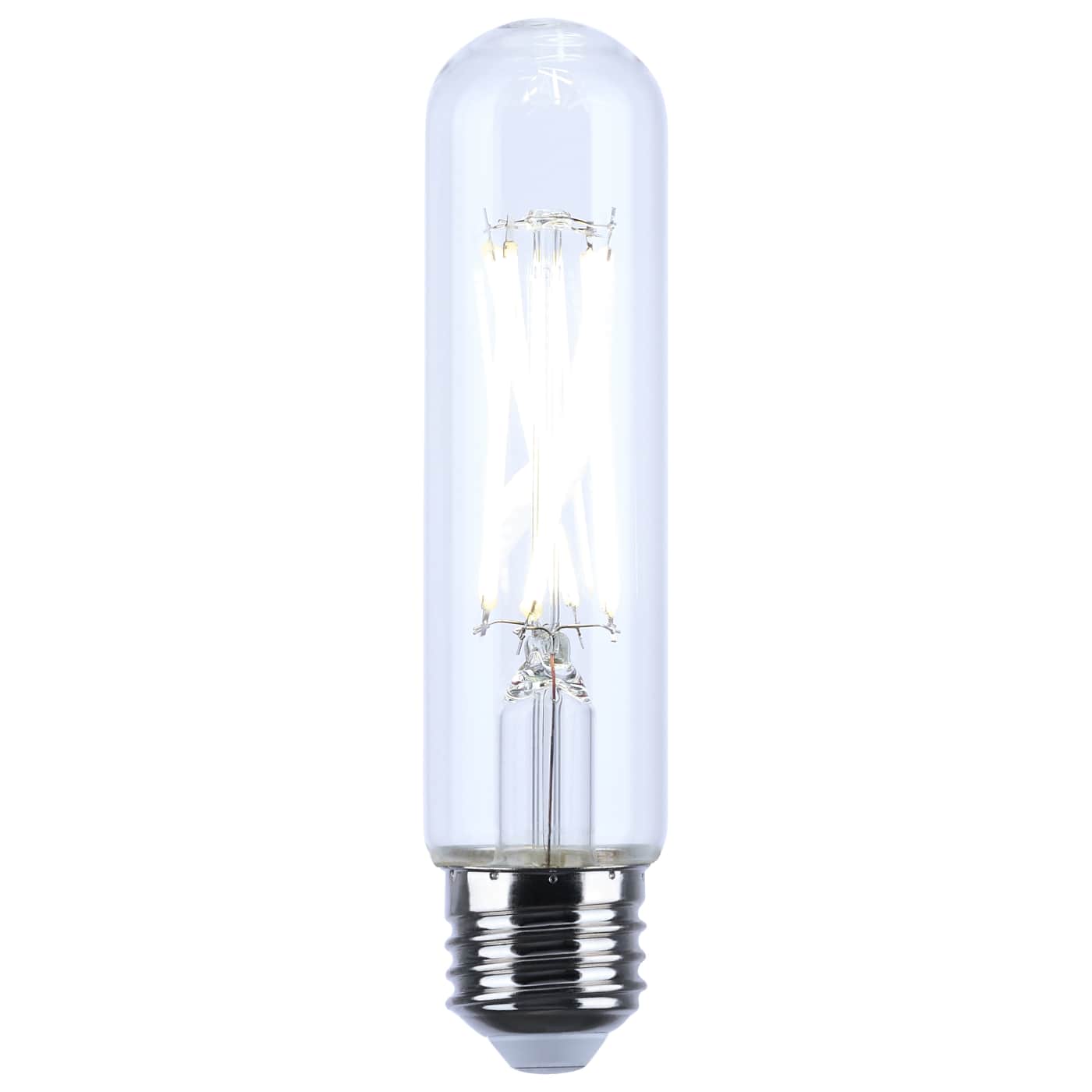 A clear glass T8 LED filament light bulb with a black screw base, shown vertically against a solid white background.