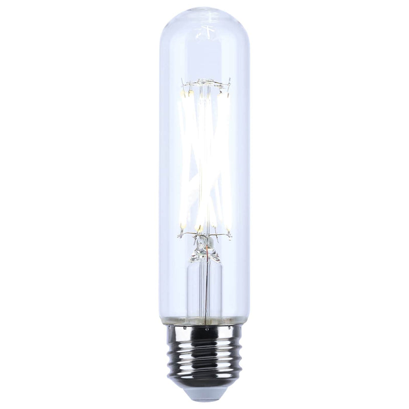 A clear glass T8 LED filament light bulb with a black screw base, shown vertically against a solid white background.
