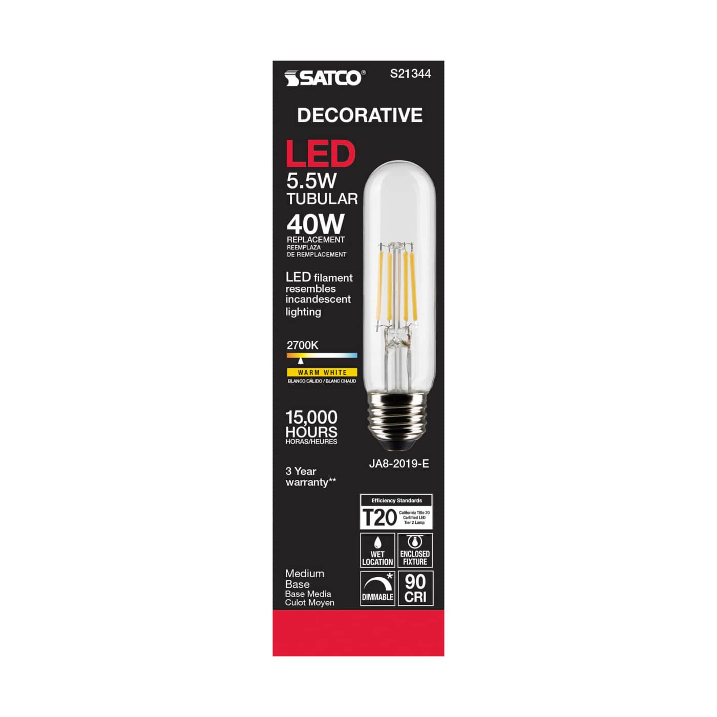 A SATCO decorative LED T20 bulb in its original retail packaging. The packaging is black with red and white text, featuring a graphic of the clear glass bulb with a warm yellow filament.