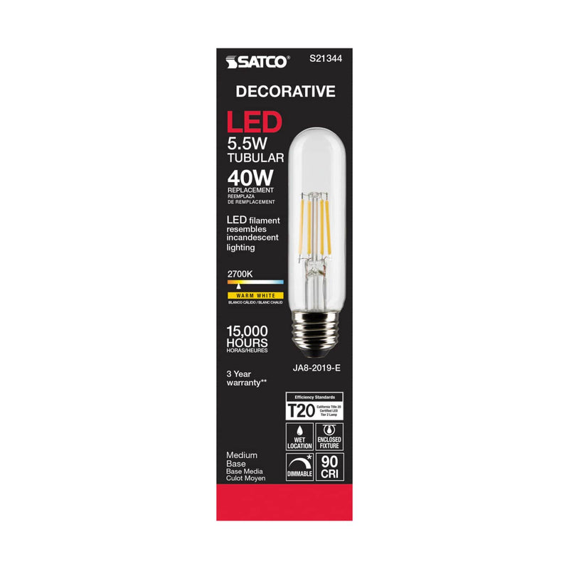 A SATCO decorative LED T20 bulb in its original retail packaging. The packaging is black with red and white text, featuring a graphic of the clear glass bulb with a warm yellow filament.
