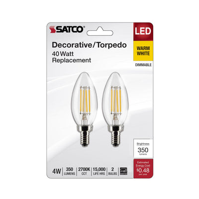 2 Pack 4W B11 LED; Clear; Candelabra base; 2700K; 350 Lumens; 120V