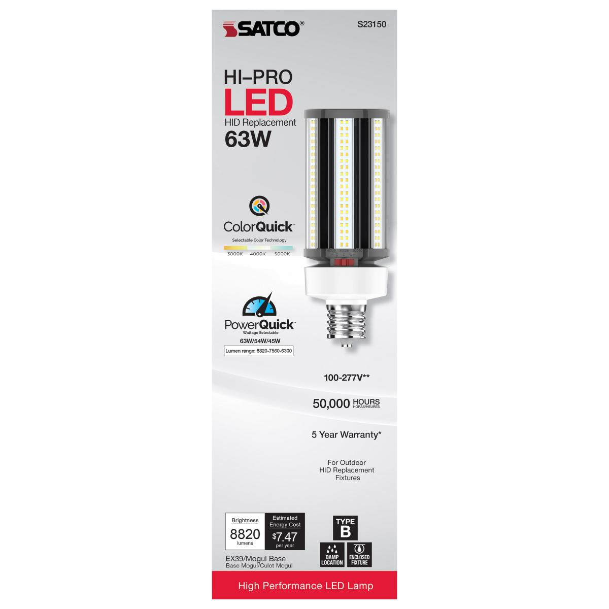 LED HID Replacement, Wattage and CCT Selectable, Type B, Ballast Bypass, Extended Mogul base 100-277V, ColorQuick and PowerQuick Technology