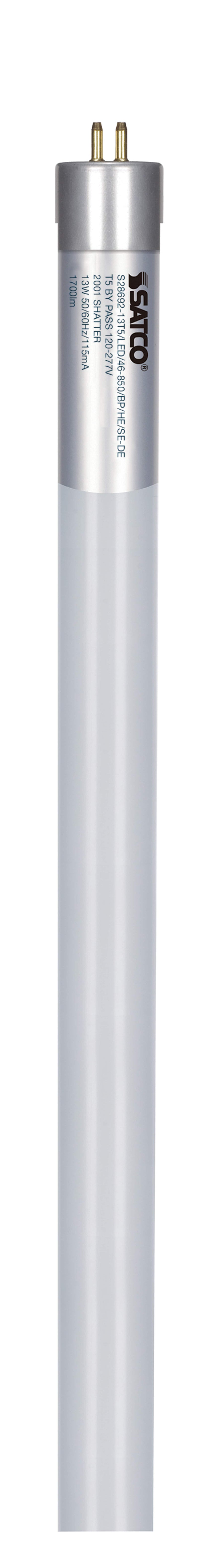 T5 LED tube light with a silver and white design on a white background