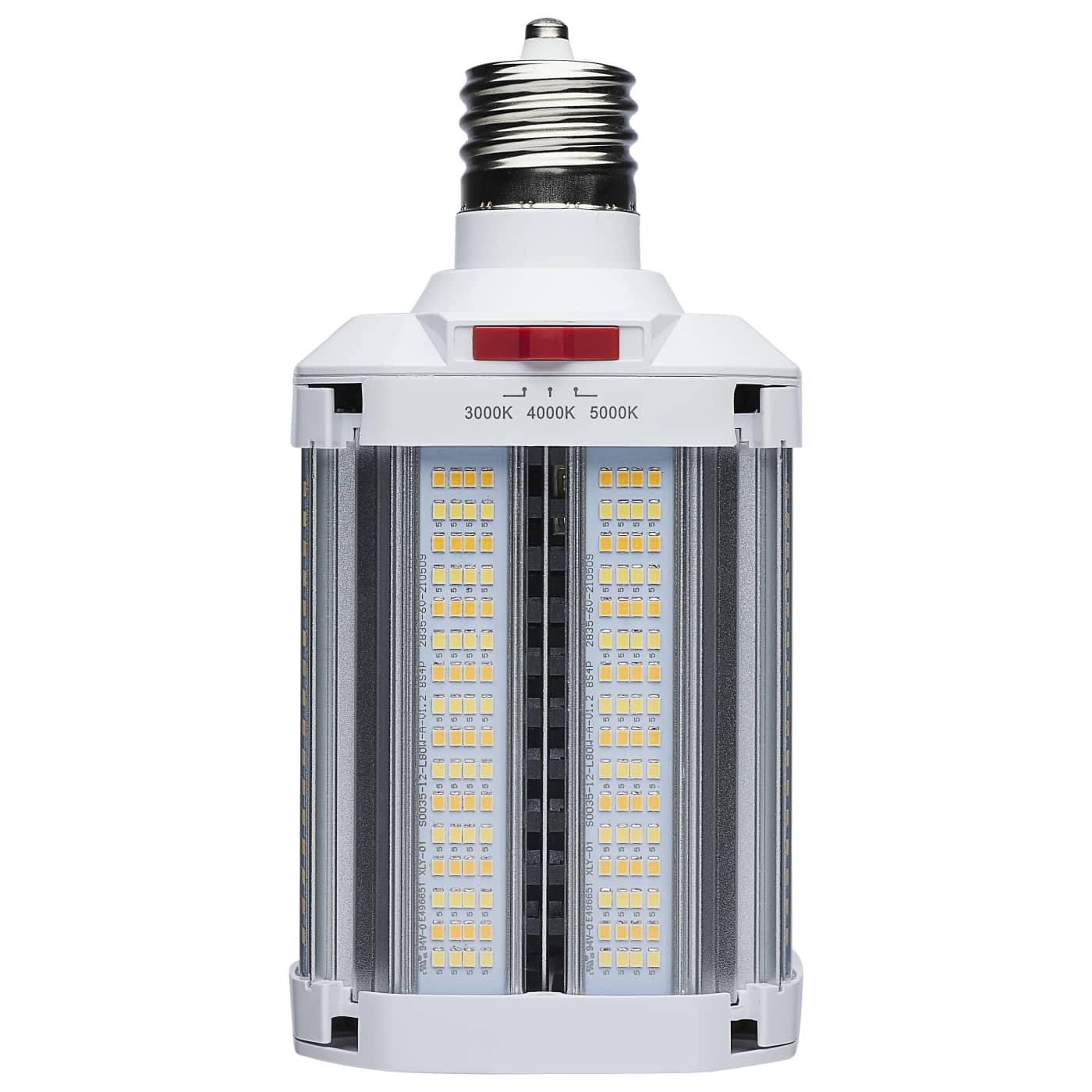 LED light bulb with visible LED chips on a white background