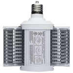 A high-bay LED light fixture designed to look like a white Edison screw light bulb, with multiple rows of silver LED chips visible through clear side panels.