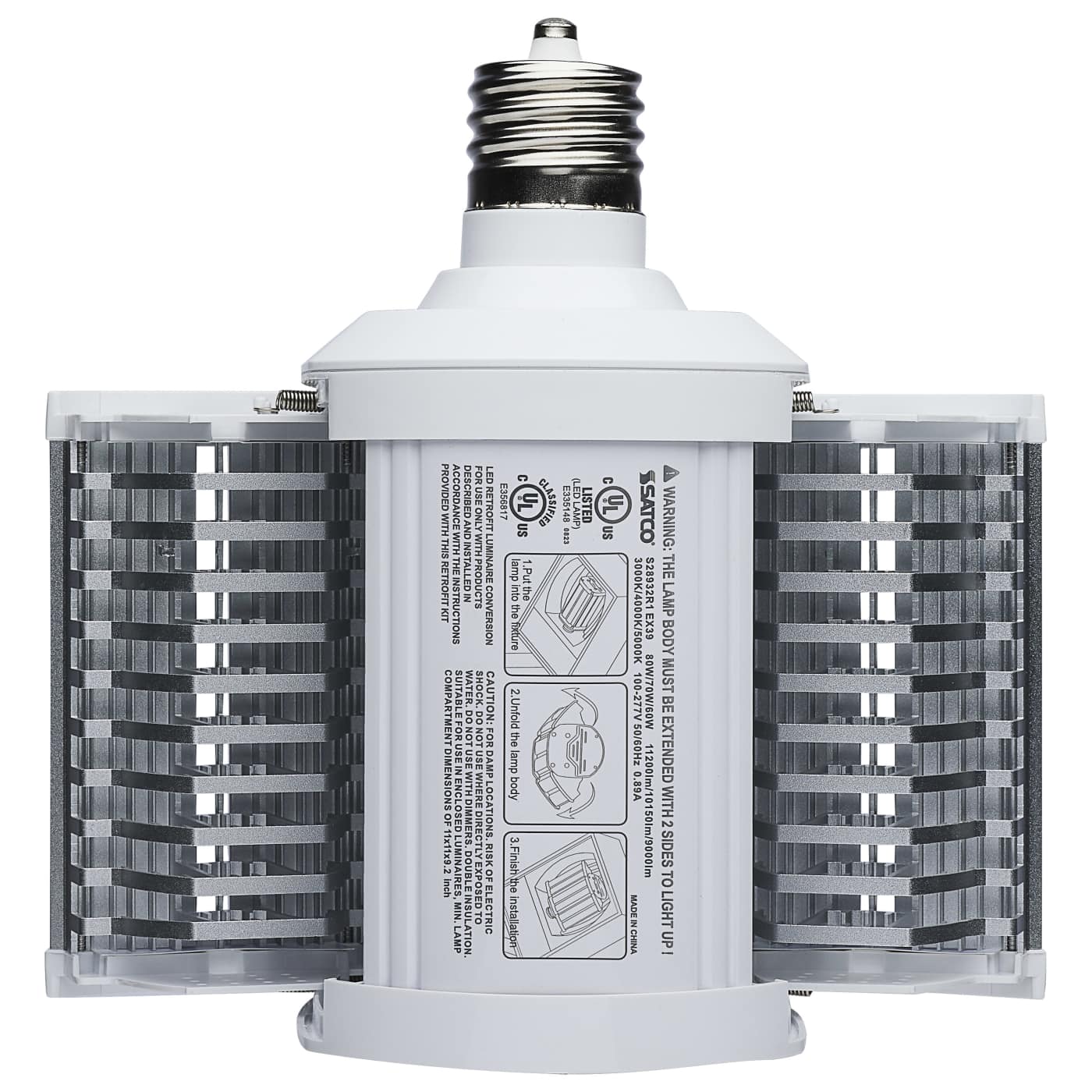 A high-bay LED light fixture designed to look like a white Edison screw light bulb, with multiple rows of silver LED chips visible through clear side panels.