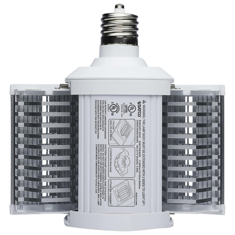 A high-bay LED light fixture designed to look like a white Edison screw light bulb, with multiple rows of silver LED chips visible through clear side panels.