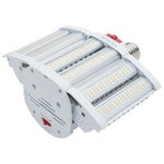 A high-bay LED floodlight with a white metal housing, multiple rows of LED chips, an E14 screw base, and red switch buttons, shown on a solid white background.