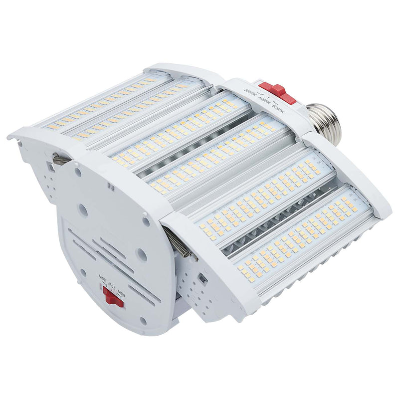 A high-bay LED floodlight with a white metal housing, multiple rows of LED chips, an E14 screw base, and red switch buttons, shown on a solid white background.