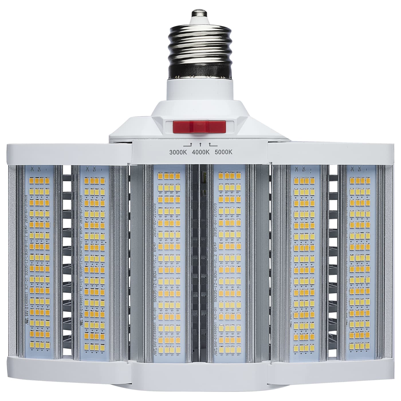 LED light bulb with multiple filaments on a white background