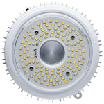 A top-down view of a circular LED light fixture with a white heat sink, featuring multiple yellow-gold surface-mounted LED chips arranged in concentric circles around a central silver reflector.