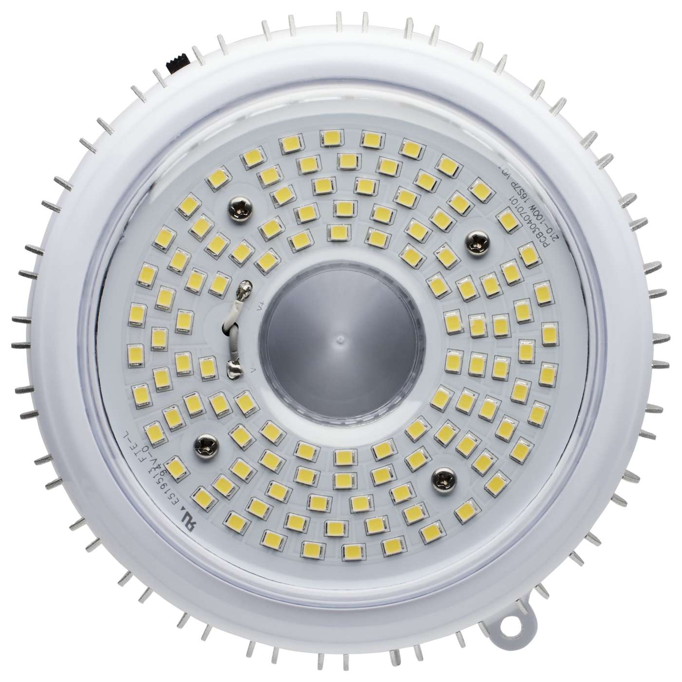 A top-down view of a circular LED light fixture with a white heat sink, featuring multiple yellow-gold surface-mounted LED chips arranged in concentric circles around a central silver reflector.