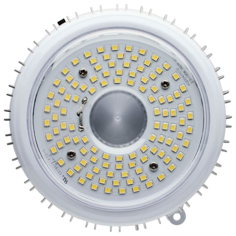 A top-down view of a circular LED light fixture with a white heat sink, featuring multiple yellow-gold surface-mounted LED chips arranged in concentric circles around a central silver reflector.