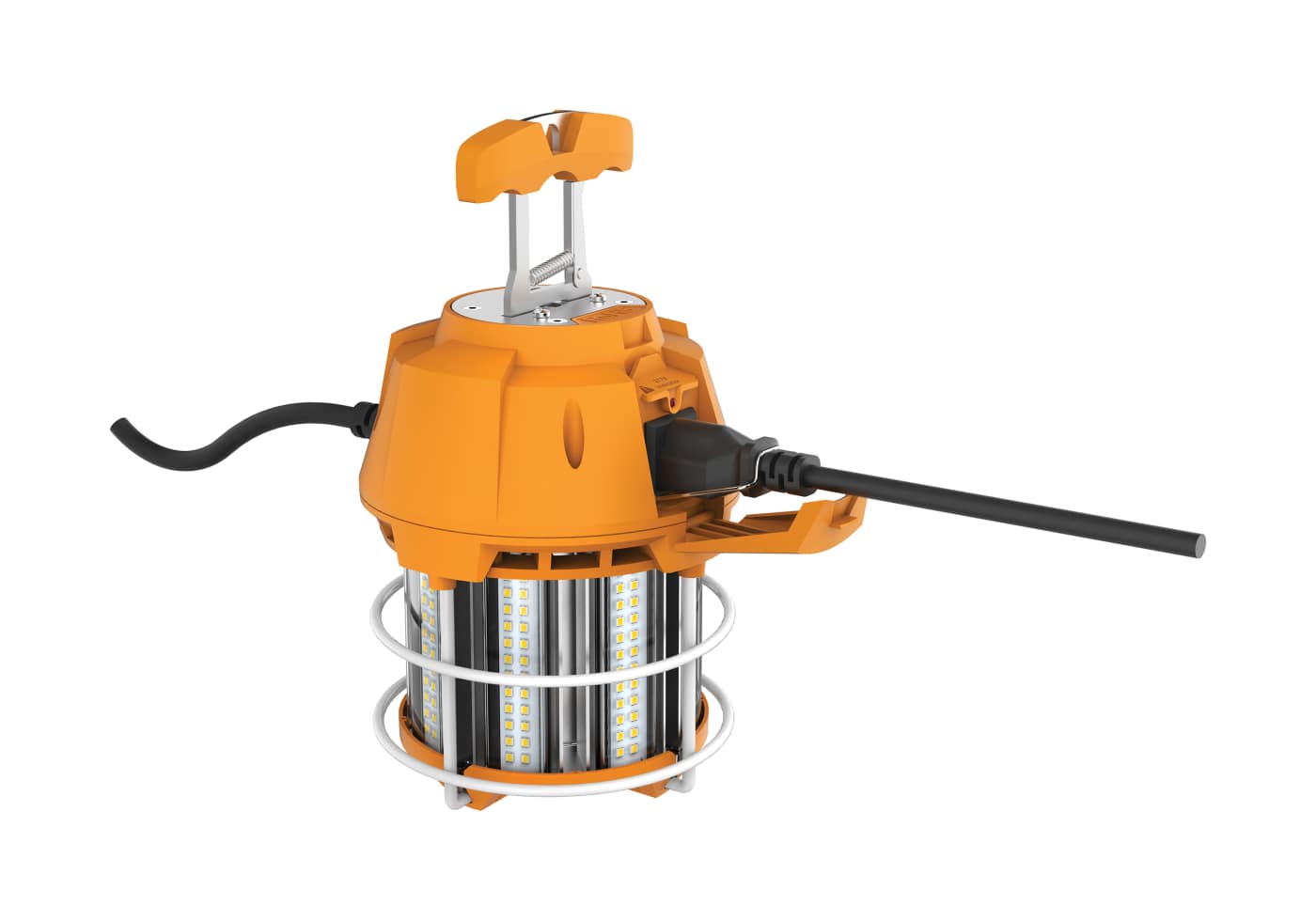 Orange industrial lamp with black power cord on a white background