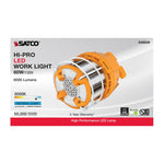 Satco Hi-Pro LED work light product packaging showing an orange and silver cylindrical lamp on a white background with product specs and certification logos.