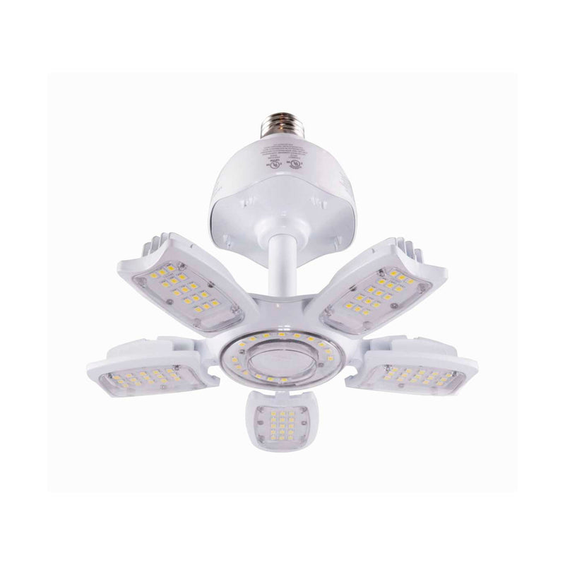 A multi-light LED ceiling fixture with five arms radiating from a central hub, featuring a threaded metal screw base at the top, shown against a plain white background.