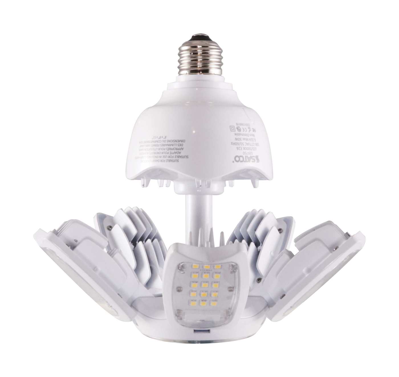 A white multi-arm LED light bulb with a screw-in E14 base, featuring multiple adjustable arms and a central LED panel, shown on a plain white background.