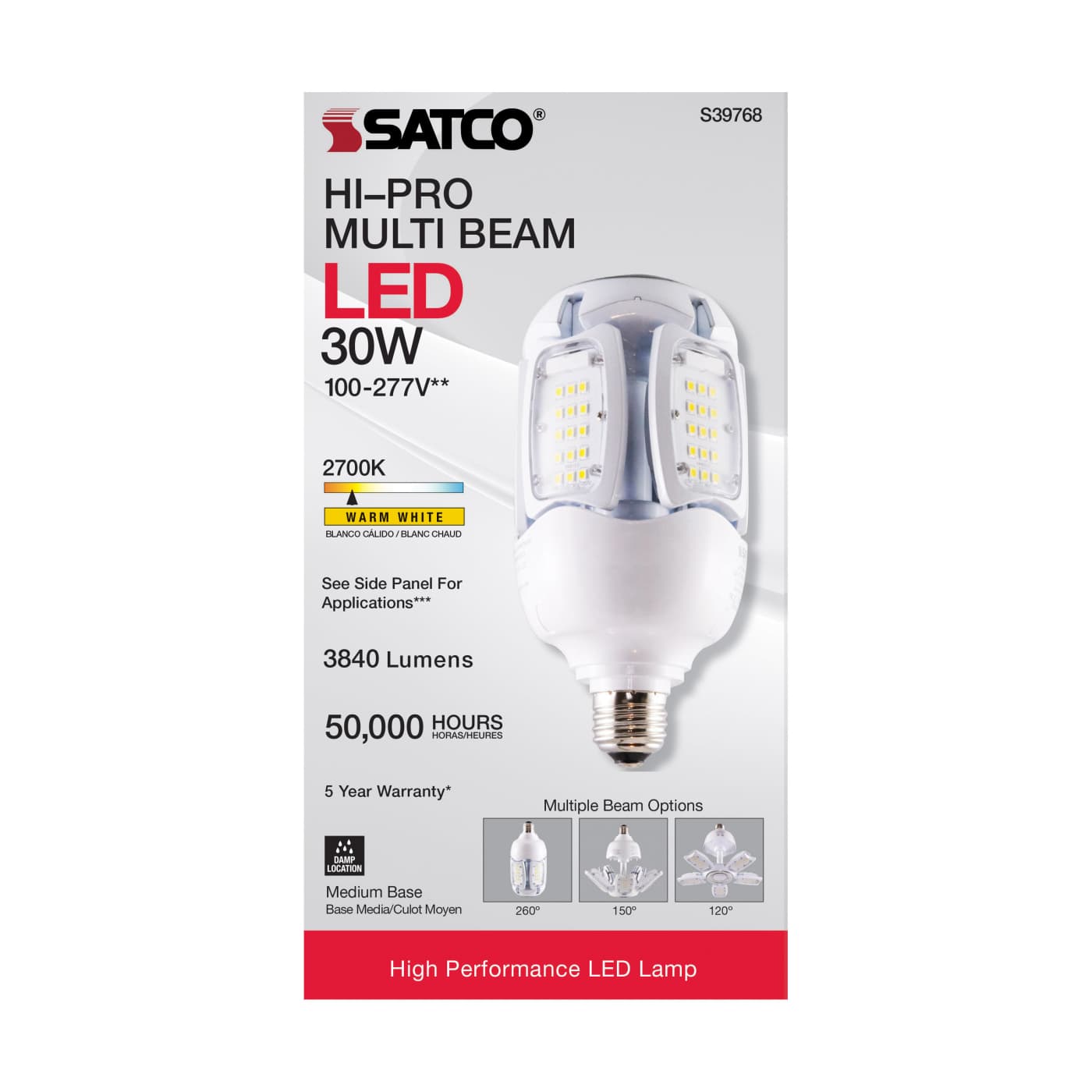SATCO Hi-Pro Multi Beam LED 30W light bulb packaging on a white background, showing the product photo and key specifications.