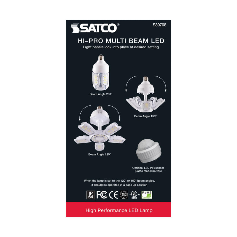 SATCO HI-PRO MULTI BEAM LED lamp packaging card, model S30768, featuring diagrams of the multi-beam light patterns and technical specifications on a black background with a red bottom banner.