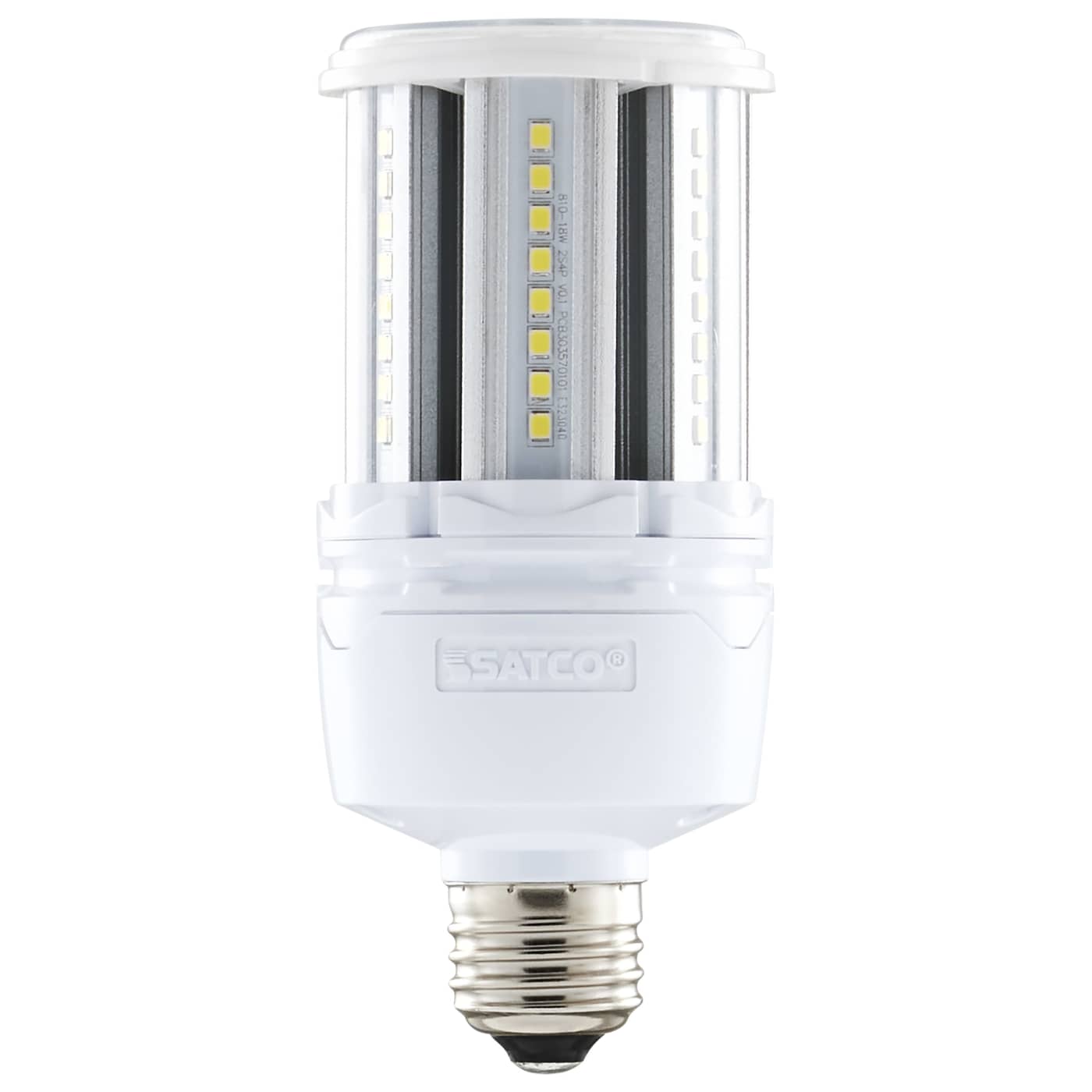 LED light bulb with visible 'Satco' branding on a white background