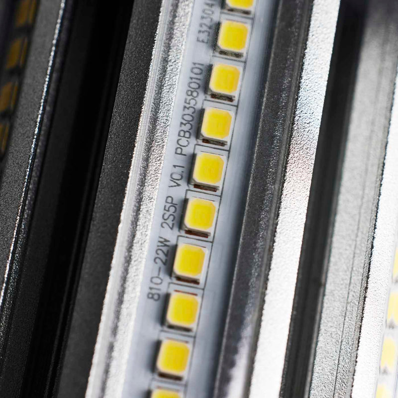 Close-up of a LED strip with visible circuitry and labels.