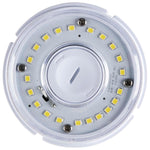 A top-down view of a circular LED light fixture with a clear outer cover, showing multiple yellow LED chips arranged in a ring around a central white diffuser.