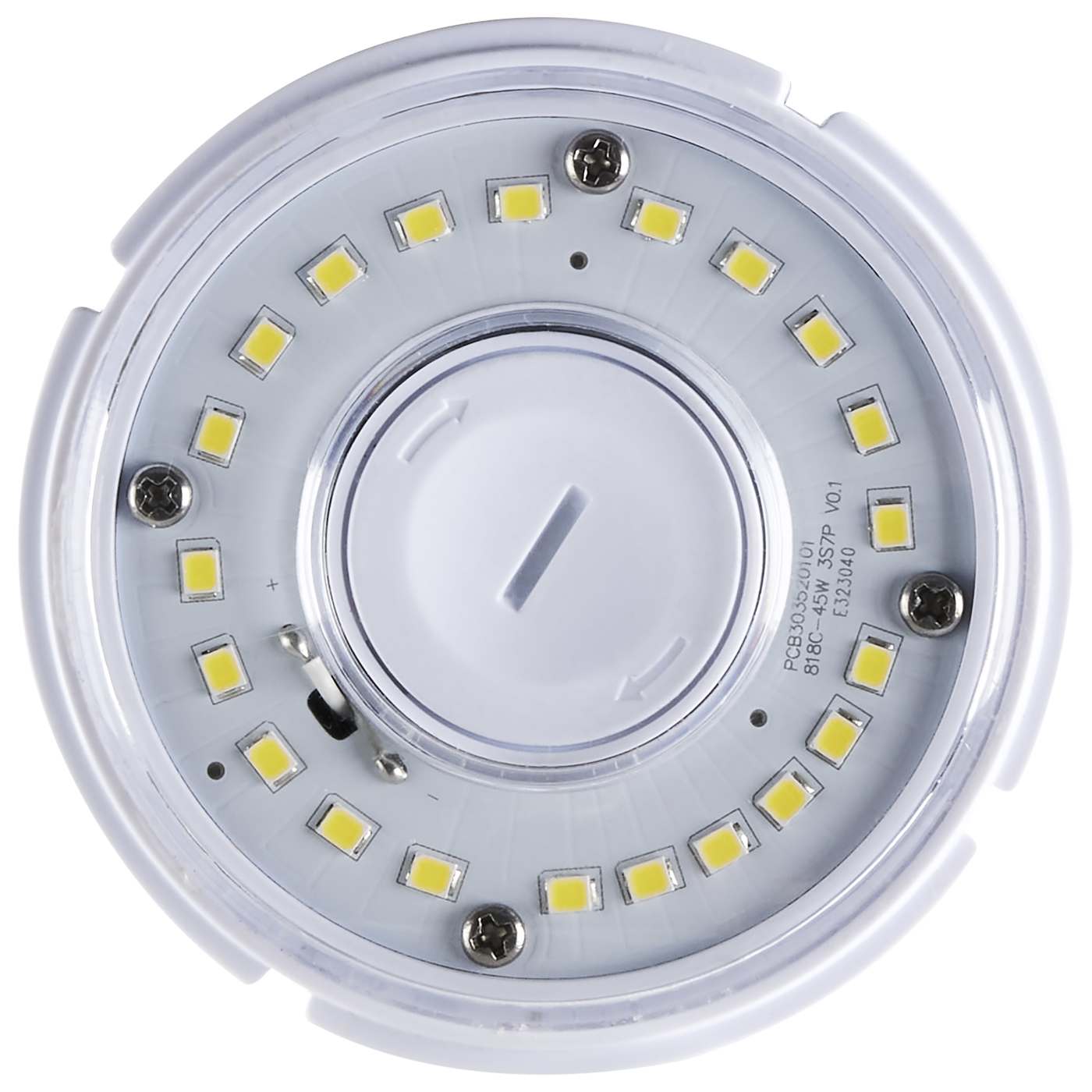 A top-down view of a circular LED light fixture with a clear outer cover, showing multiple yellow LED chips arranged in a ring around a central white diffuser.