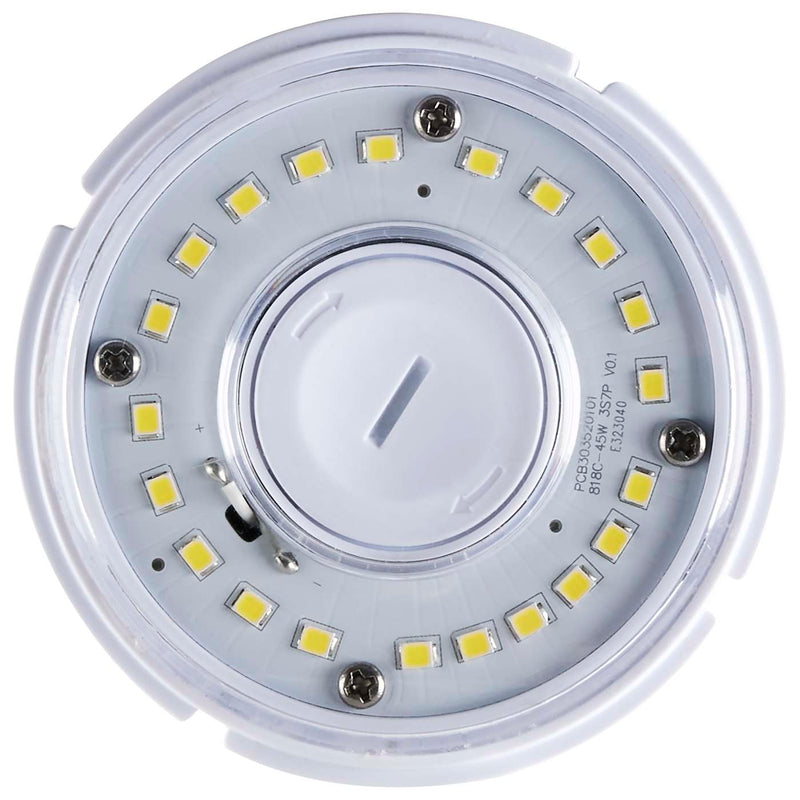 A top-down view of a circular LED light fixture with a clear outer cover, showing multiple yellow LED chips arranged in a ring around a central white diffuser.