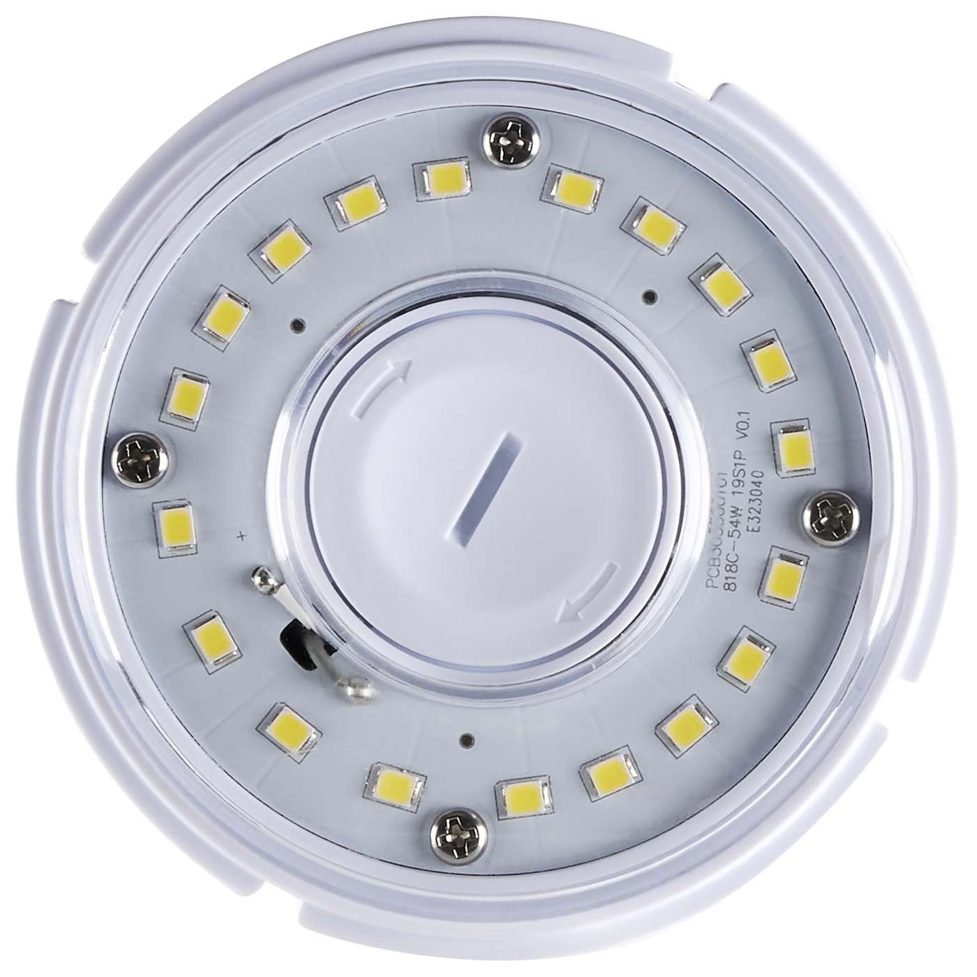 Close-up of a LED light bulb with visible LEDs on a white background