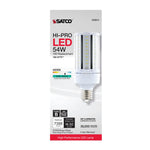 A Satco HI-PRO LED 54W high-performance replacement LED corn bulb in its original retail packaging, featuring a white and silver box with red and black text and a clear view of the bulb inside.
