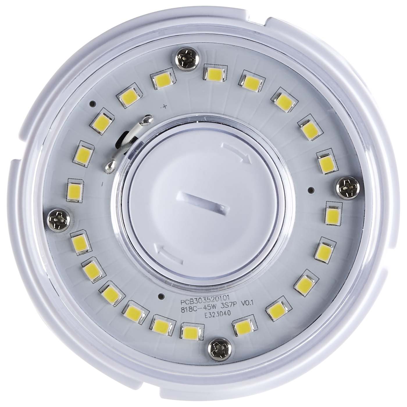 Close-up of a round LED light bulb with visible LEDs on a white background