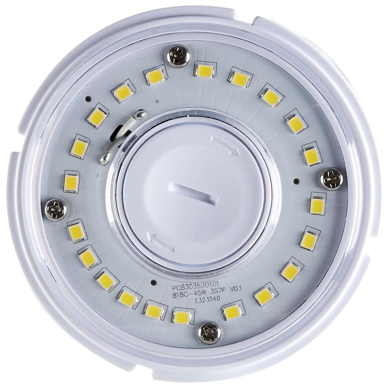 Close-up of a round LED light bulb with visible LEDs on a white background