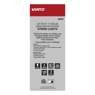 24Ft, Incandescent String Light, Includes 12-S14 bulbs, 120 Volts