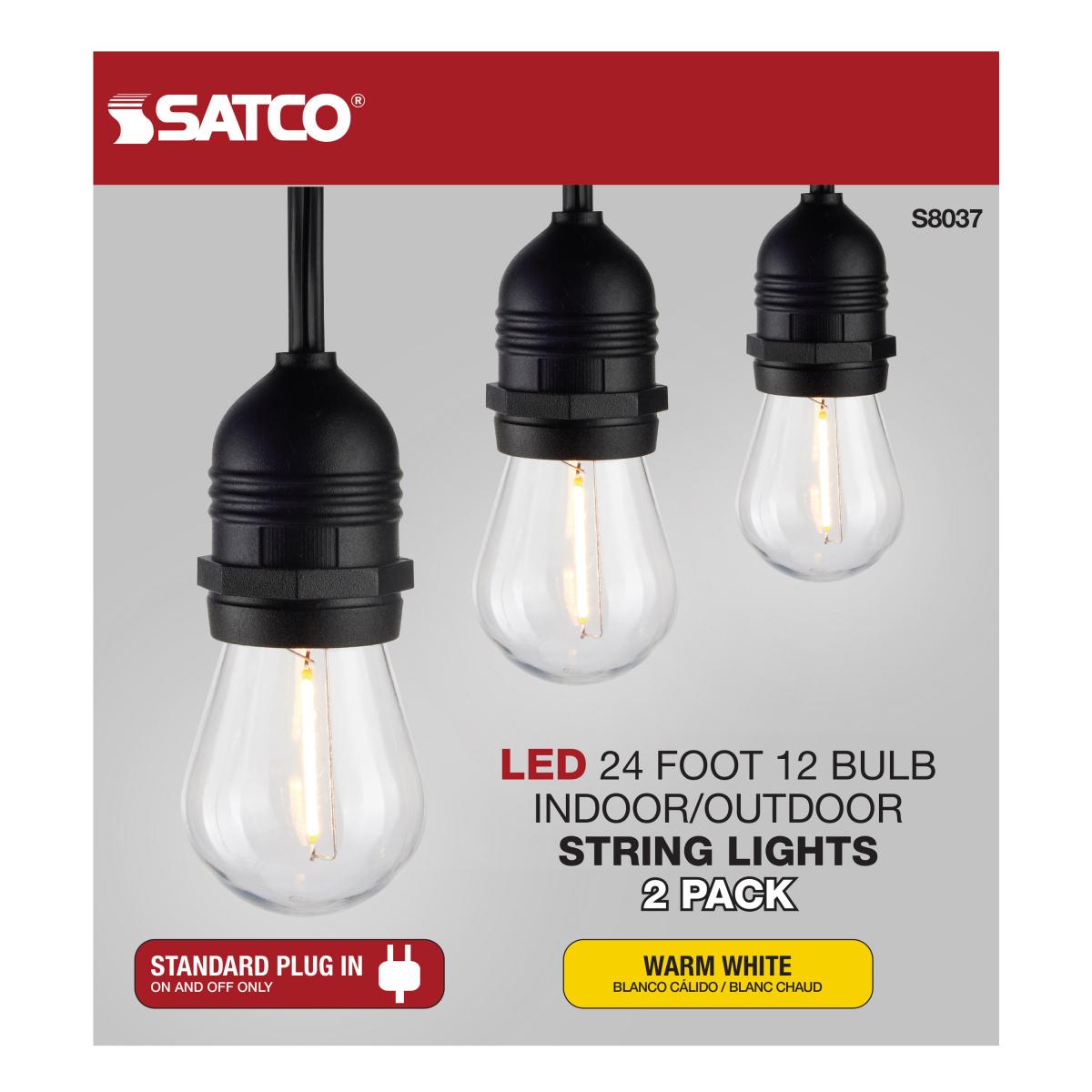 2 Pack, 24Ft, LED String Light; Includes 12-S14 bulbs, 2200K, 120 Volts