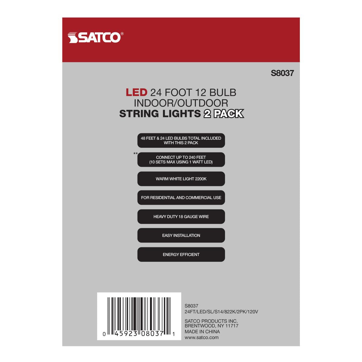 2 Pack, 24Ft, LED String Light; Includes 12-S14 bulbs, 2200K, 120 Volts