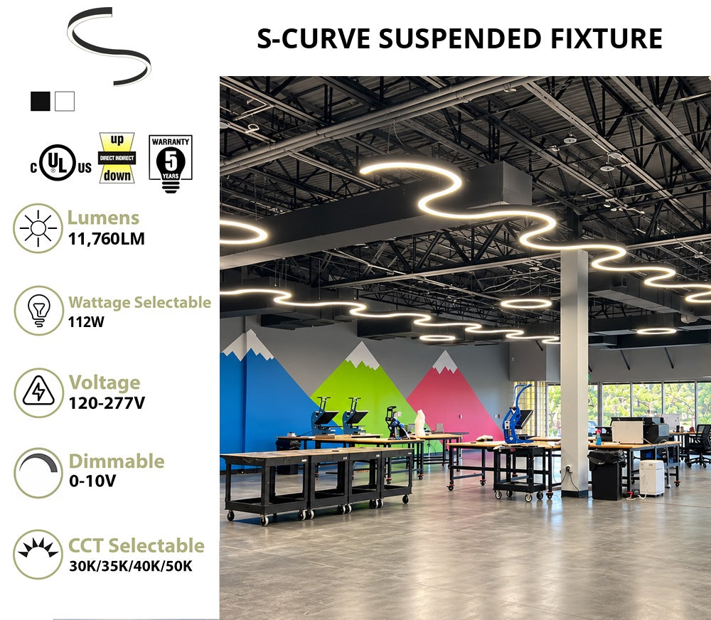 S-curve LED suspended fixture in black or white finish, made of two half-circle sections joined into an S shape