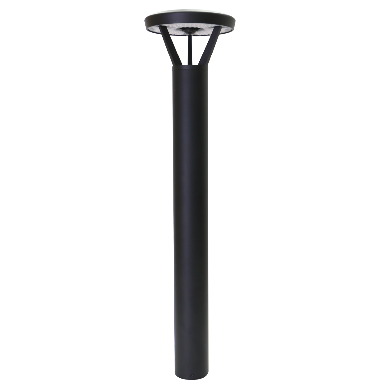 A modern black outdoor bollard light with a cylindrical pole and a circular head, shown against a plain white background.