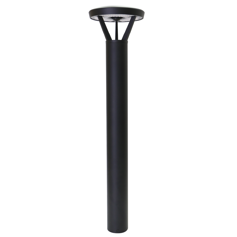 A modern black outdoor bollard light with a cylindrical pole and a circular head, shown against a plain white background.