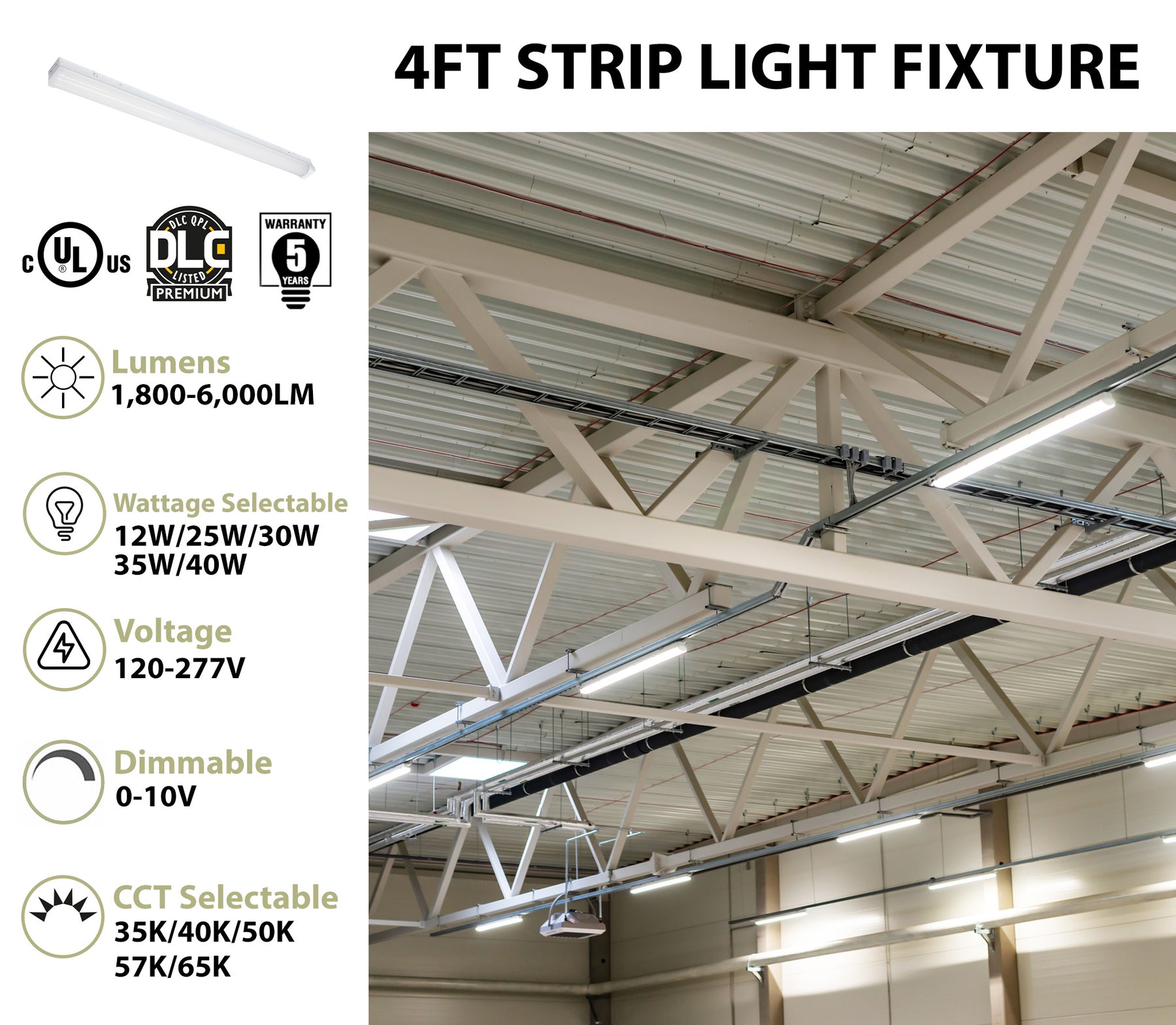 Blade 4FT LED Strip Light Fixture, 6000 Lumen Max, Wattage and CCT Selectable, 120-277V