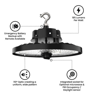 Saturn LED UFO High Bay, 100 watt, 120-277V, 18,500 Lumens, 5000K CCT, Black Finish