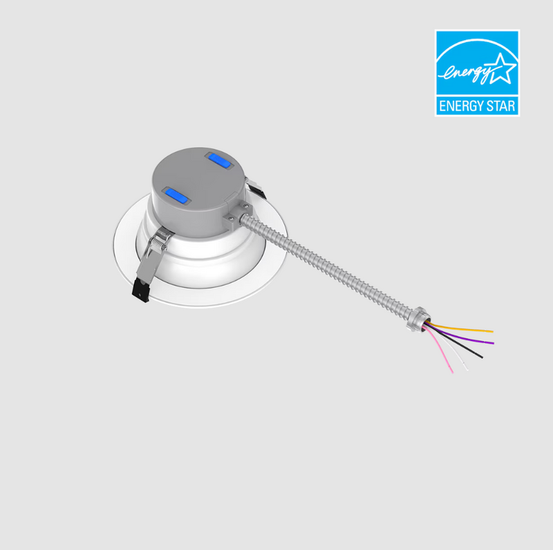 Silver led commercial downlight with energy star rating gray housing blue indicator lights and exposed multi-colored wiring