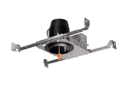 Black cylindrical 3 inch dedicated led ic airtight housing recessed light fixture with metallic brackets and orange screw